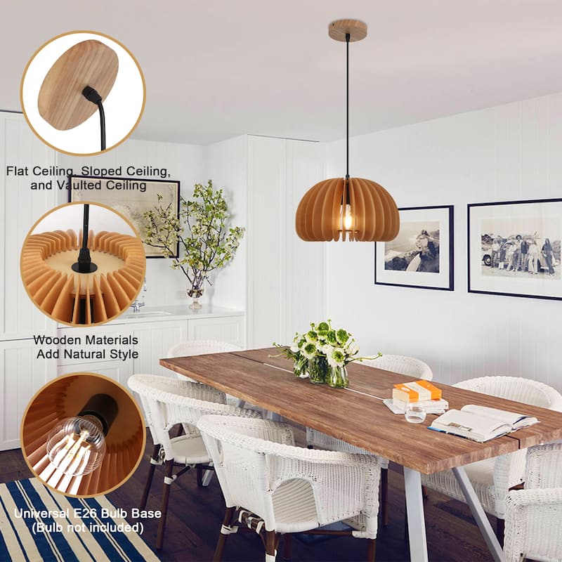 60-Watt 1-Light Brown Pendant Light with Pumpkin Shape for Kitchen Island, Semi Flush Mount Chandelier for Dining Room