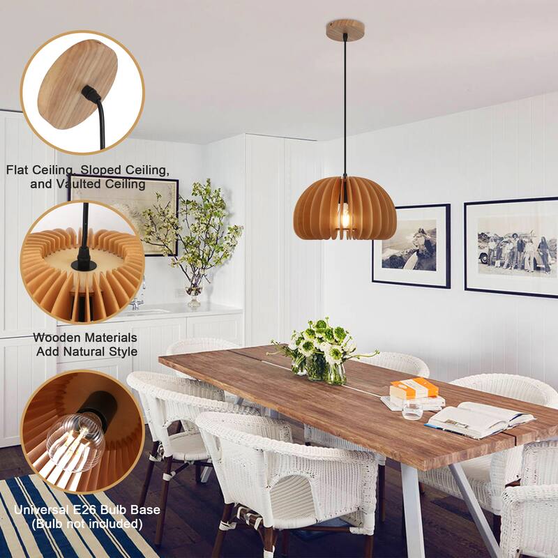 Single-light minimalist wooden pendant lamp with adjustable height