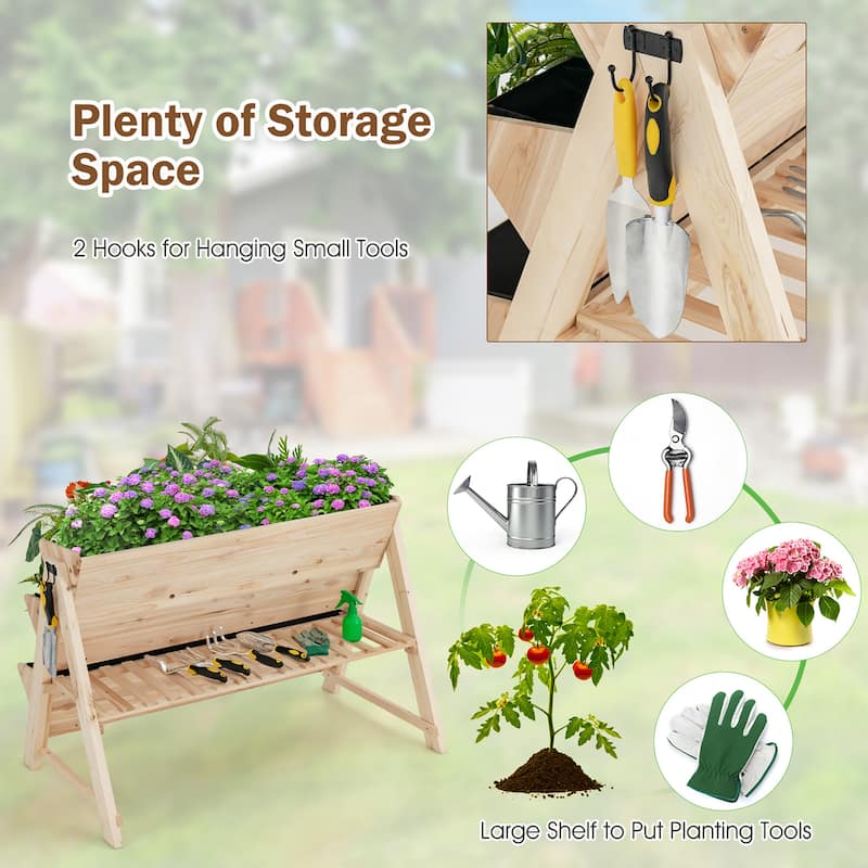3 Tier Wooden Vertical Raised Garden Bed w/Storage Shelf & Side Hook
