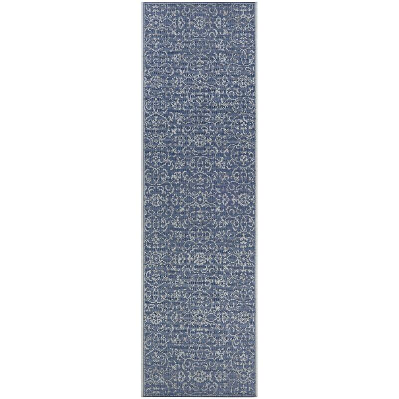 Dream Decor Rugs Carriage House Morning Glory Indoor Outdoor Area Rug - 2'3" x 11'9" Runner - Navy/Ivory