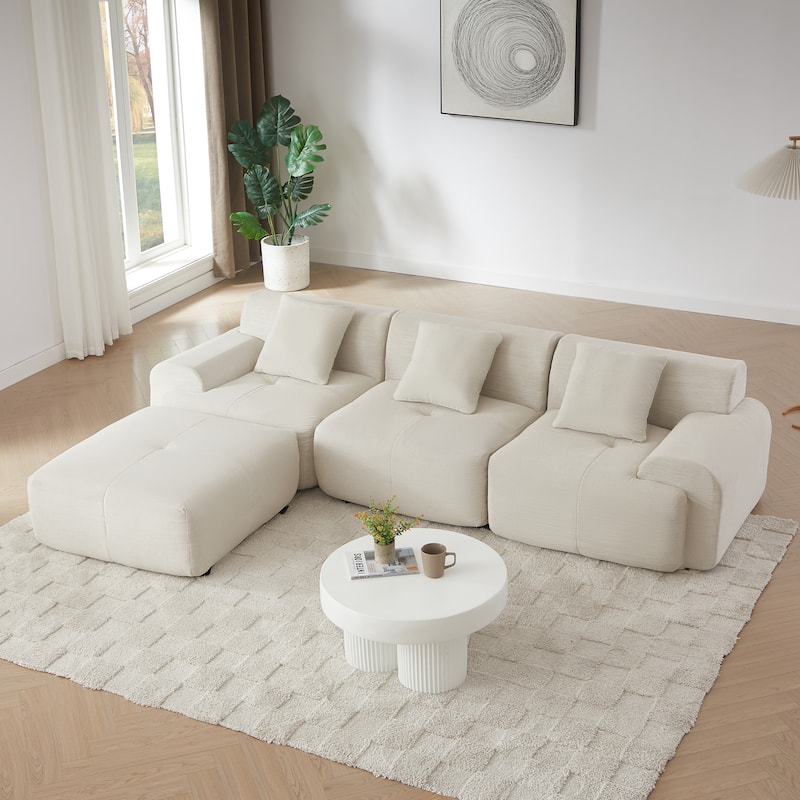 Livingroom L-Shaped Corduroy Sectional Sofa, Modular Couch 3 Seat Straight Sofa with Movable Ottoman - Beige