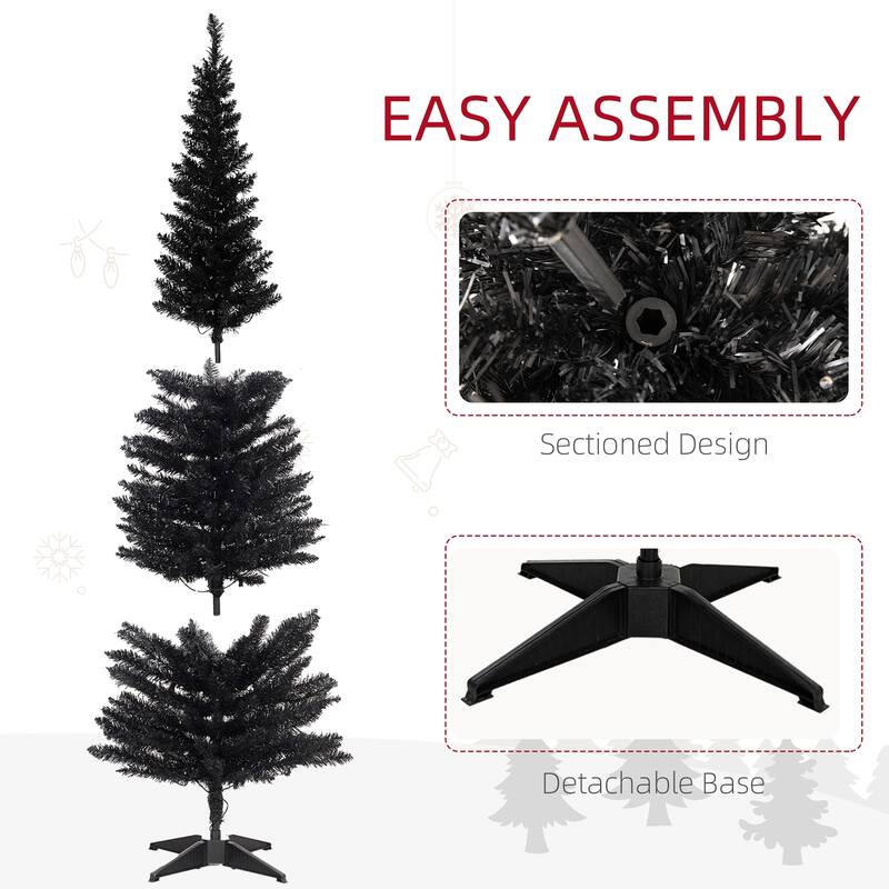 6 ft Black Plastic Steel Slim Pencil Christmas Tree with Warm White LEDs - 18" Dia. x 72"H