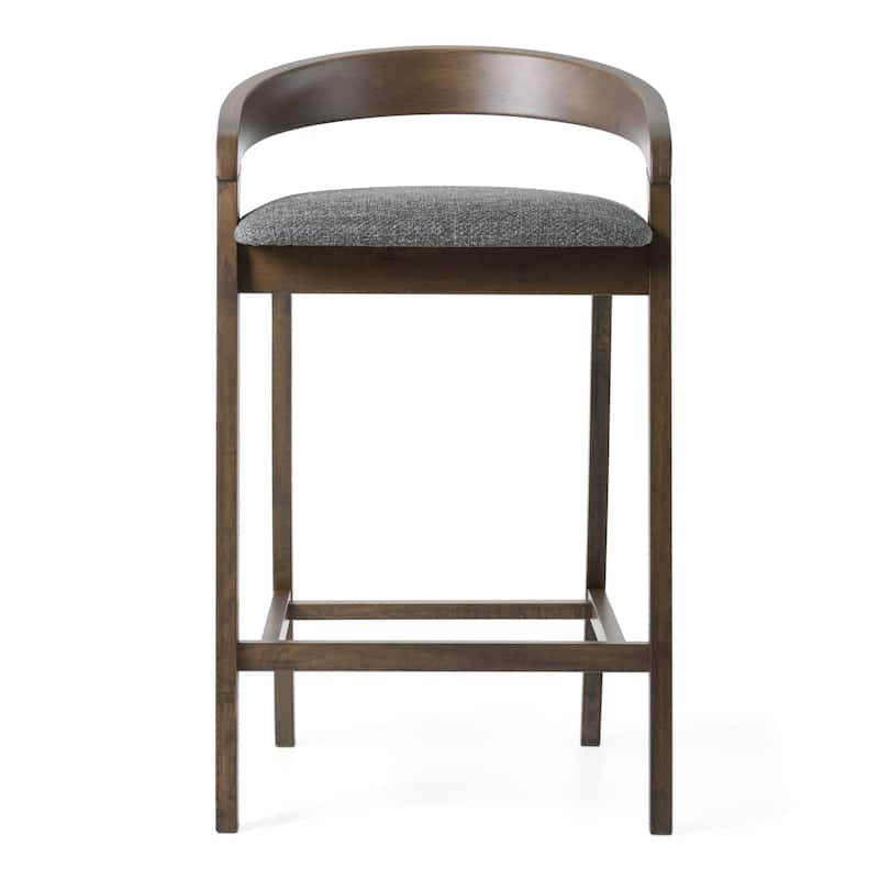 Cid Lenn Counter Stool Chair Set of 2, Gray Fabric, Curved Brown Rubberwood