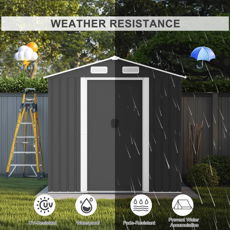 Large Outdoor Storage Shed Galvanized Iron Black with Slanted Roof and Double Sliding Doors - 77.36” x 51.57” x 73.82”