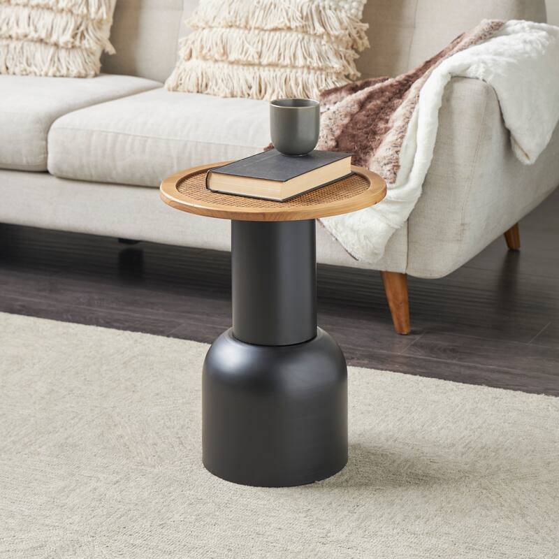 Black Metal Handmade Pedestal Accent Table with Brown Rattan Tabletop - Black