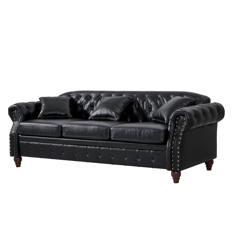 Chesterfield Sofa Classic Tufted Technical Leather Lounge Couch with Hidden Storage, Nailhead Trim and Pillows, for Living Room