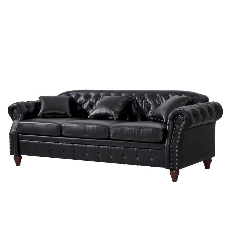 Faux Leather Upholstered Sofa with Storage, Chesterfield Tufted 3 Seater Sofa, Sofa Chair with Rolled Arms & Solid Wood Legs