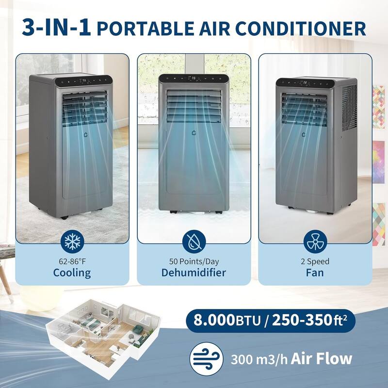 Portable Air Conditioner - 3-in-1 Cooling/Dehumidifier & Fan, 42dB Quiet AC with Remote