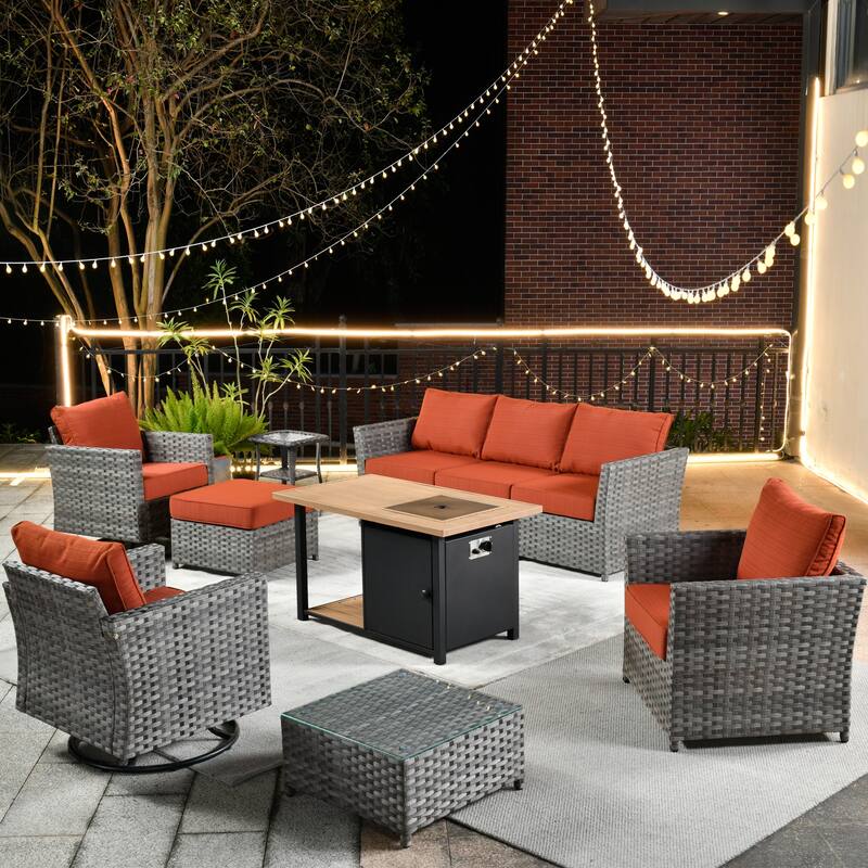 HOOOWOOO 10-piece Outdoor Grey Wicker Patio Furniture Set with Fire Pit Table