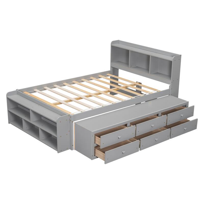 Bed with Bookcase Headboard and Under bed Storage Drawers