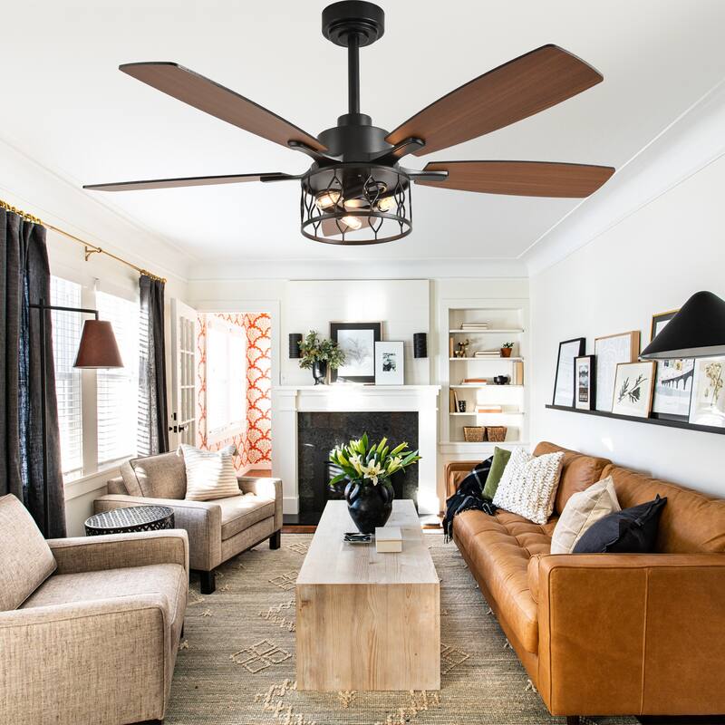 Bella Depot 52" Modern Gold Ceiling Fan with Light and Remote 6-Speed Large Caged Ceiling Fan