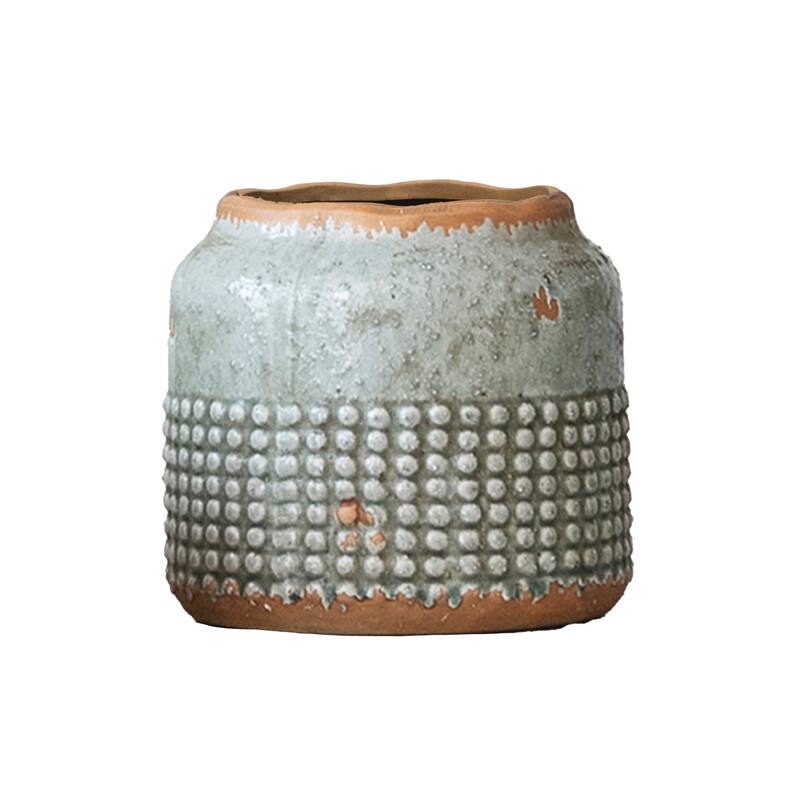 Round Terra-cotta Hobnail Planter Vase with Heavily Distressed Finish - Grey