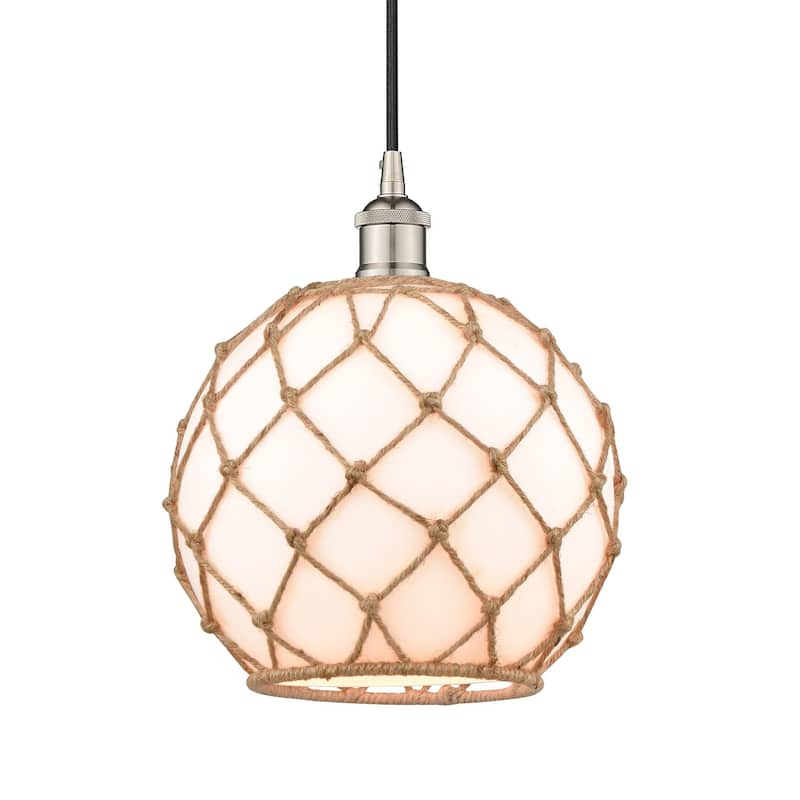 Innovations Lighting 616-1P-13-10 Farmhouse Pendant Farmhouse 10" Wide - Polished Nickel / White Glass / Brown Rope
