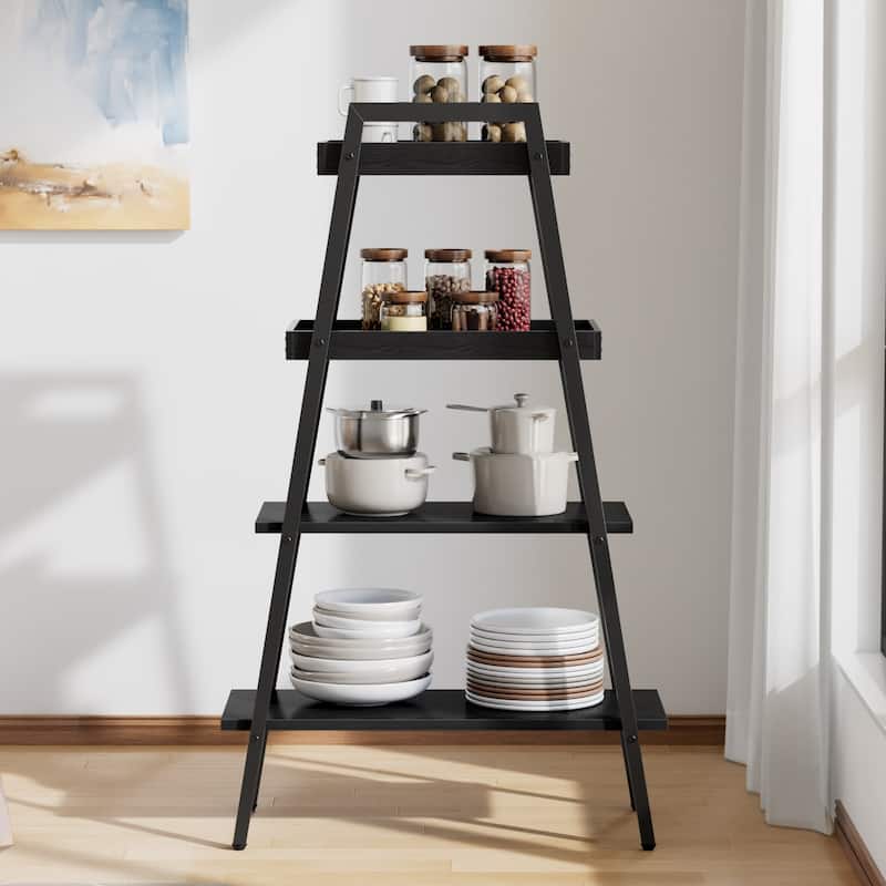VECELO Modern 4-Tier Corner Ladder Bookshelf Metal & Waterproof MDF Shelves for Living Room Kitchen & Bathroom Corner Bookcase