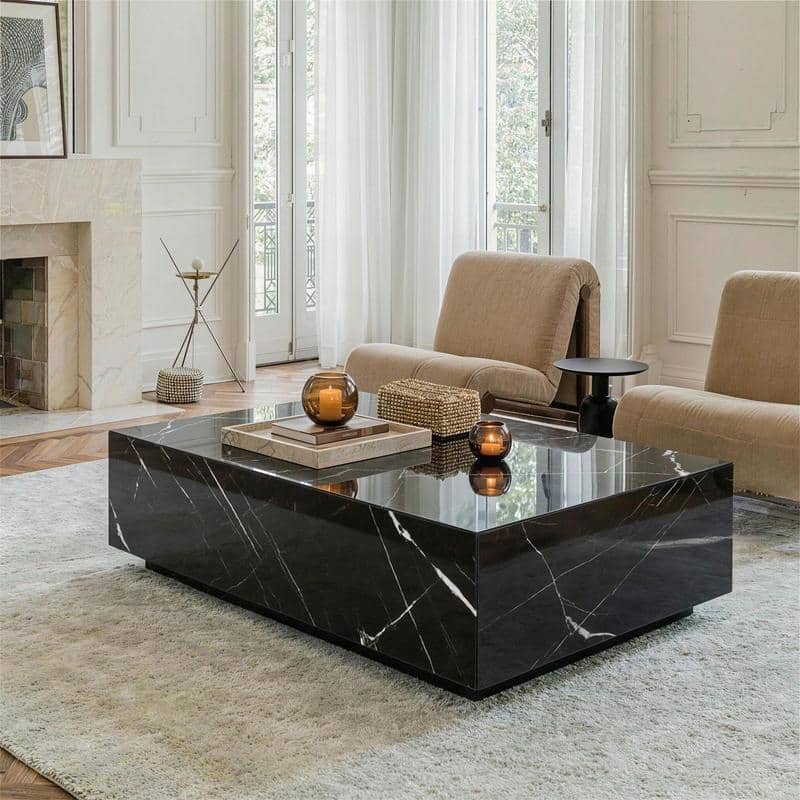 Faux Marble Solid Block Rectangular Coffee Table - Black