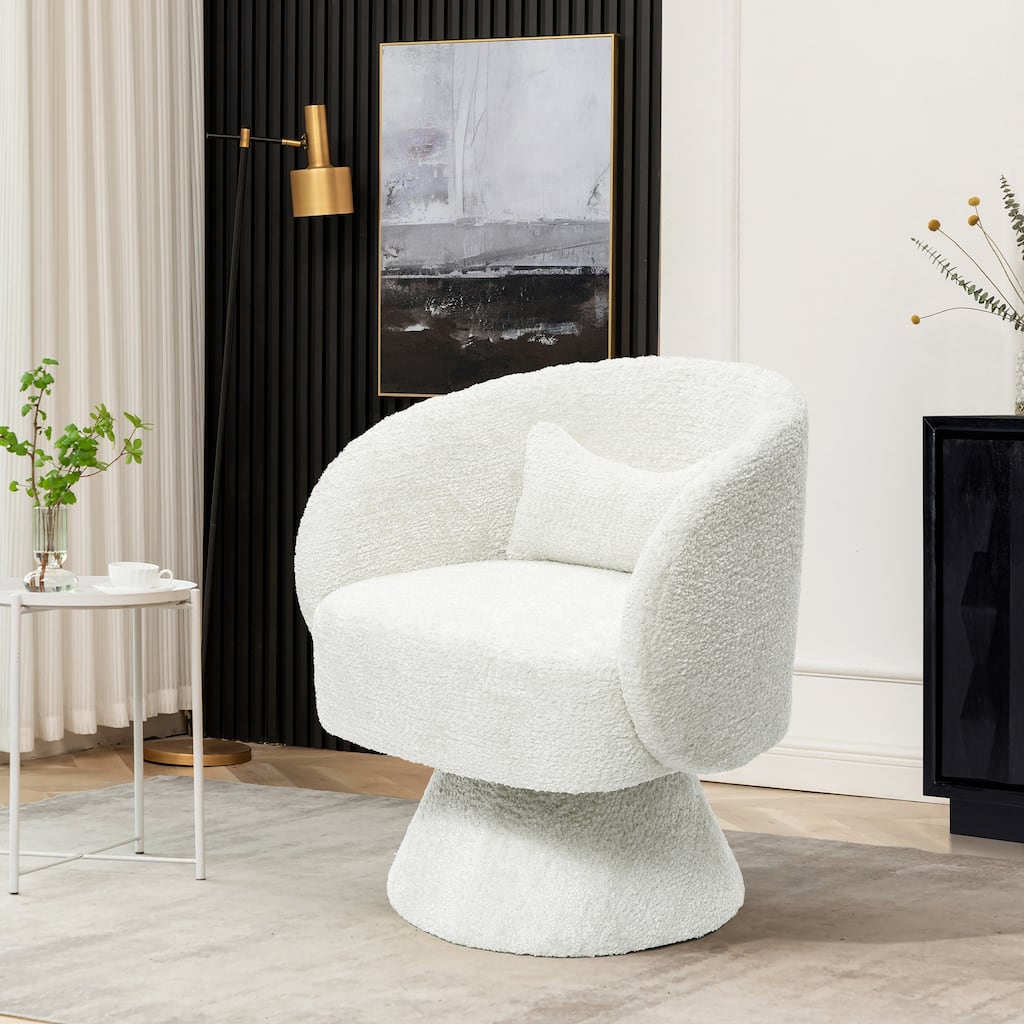 Upholstered Cream Cashmere Club Swivel Chair with Upholstered Cream Wood Base and Pillow - 29.92" H x 27.17" W x 25.59" D