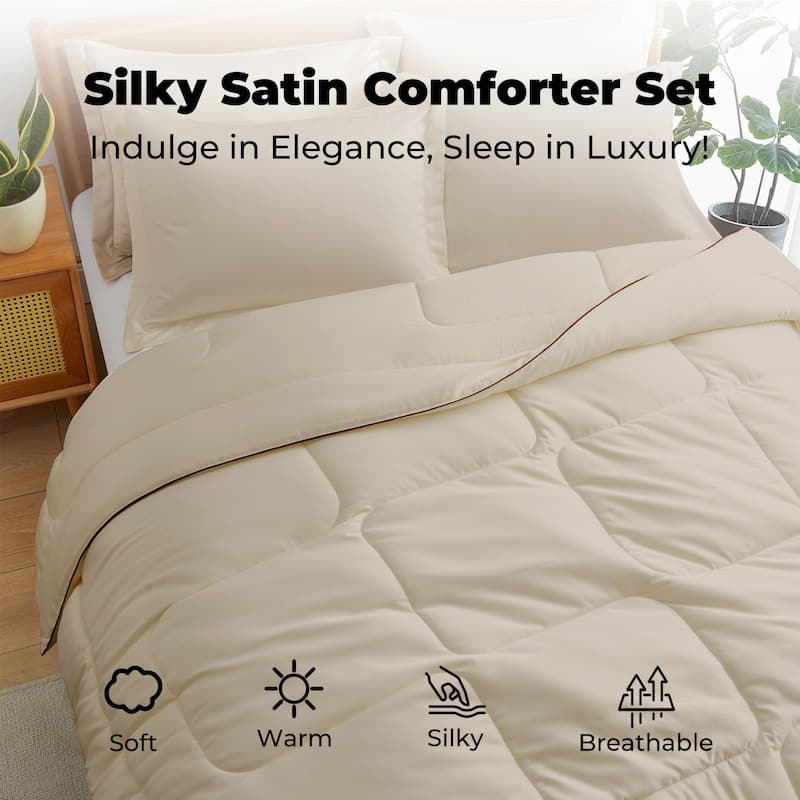 3 Piece All Season Silky Soft Satin Reversible Comforter Set