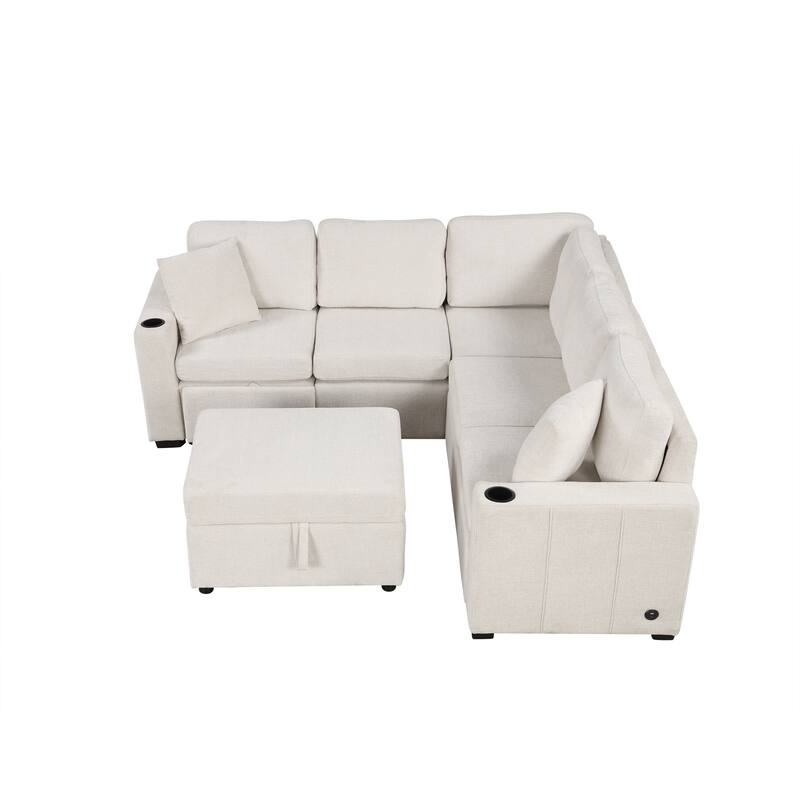 84.7" Convertible Sofa Bed in Beige Chenille with Storage Ottoman, USB & Cup Holders