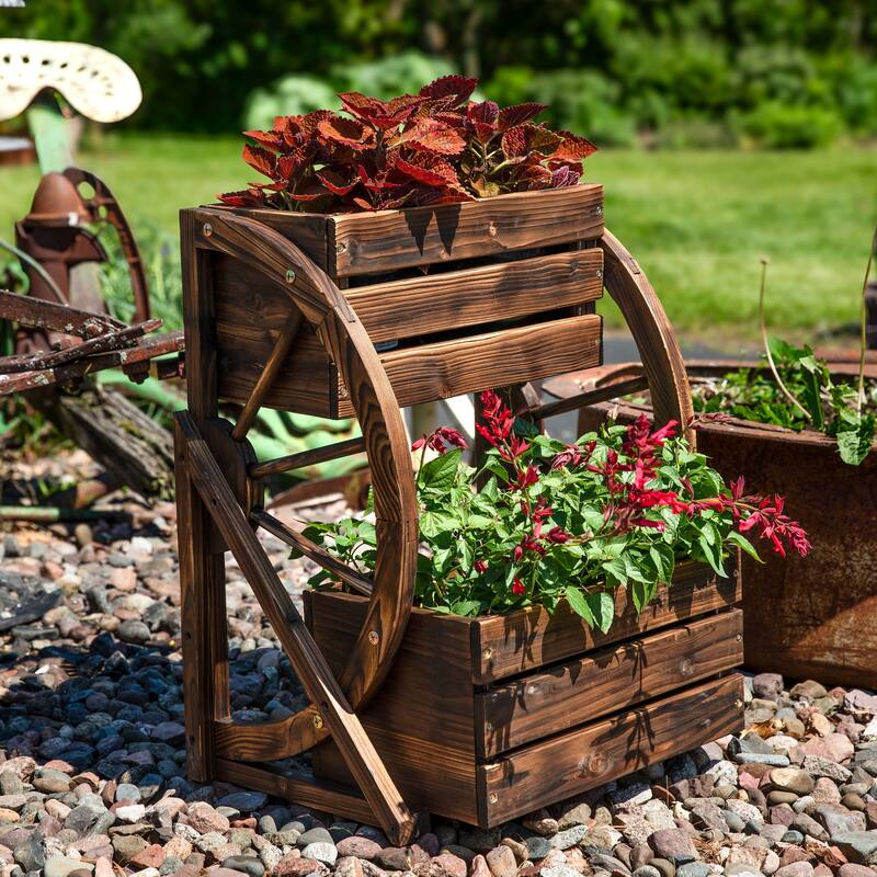 Sunnydaze Wagon Wheel 2-Tier Rustic Wood Plant Stand - Charred Fir Wood