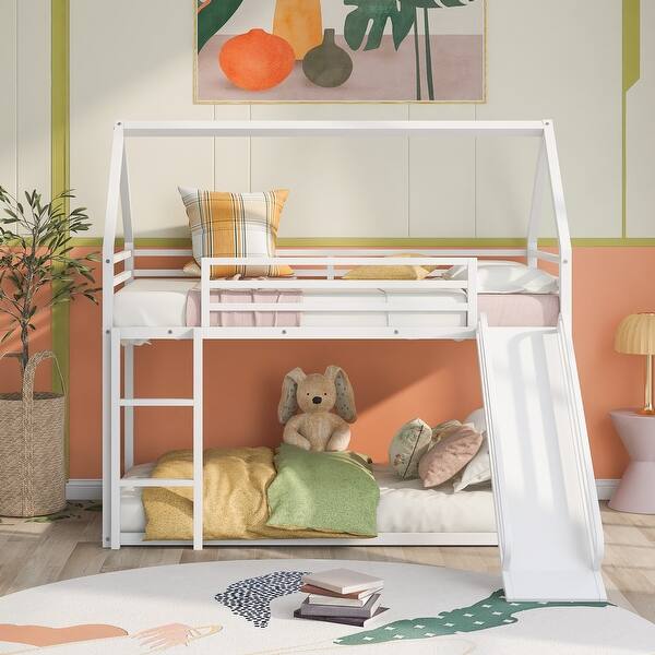 slide 2 of 11, Twin over Twin House Bunk Bed w/Ladder&Slide&Safety Guardrail , White White