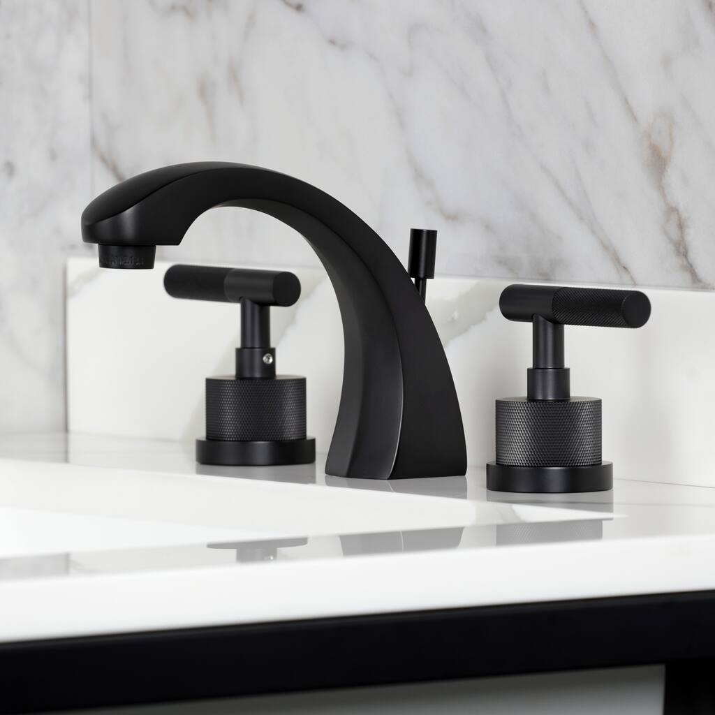 Kingston Brass Convergent Two-Handle 3-Hole Deck Mount Widespread Bathroom Faucet with Knurled Handle and Brass Pop-Up Drain