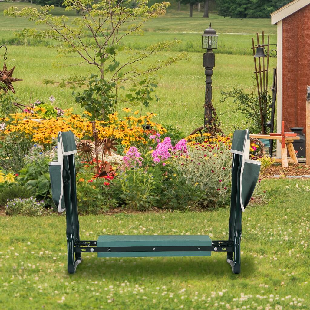 Outdoor 2-in-1 Foldable Garden Stool and Kneeler With Tool Bags,Green