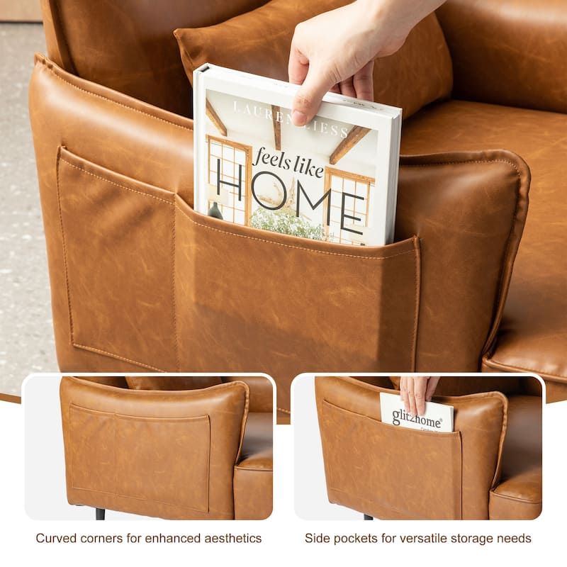 Glitzhome Set of 2 29.5"W Mid-Century Modern Leatherette Armchairs With Side Pocket - 29.5" W x 32" H x 28.75" D