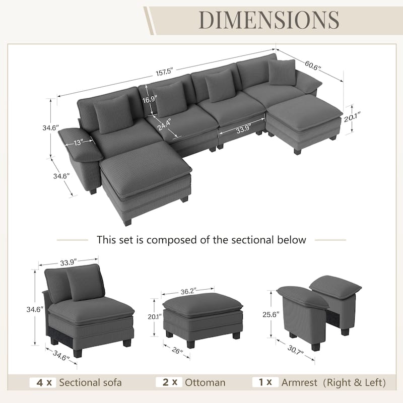 MAISON ARTS Modular Cloud Sectional Sofa, Comfy L- or U-Shaped Couch with Ottomans & Pillows, 4–6 Seat Living Room Sofa