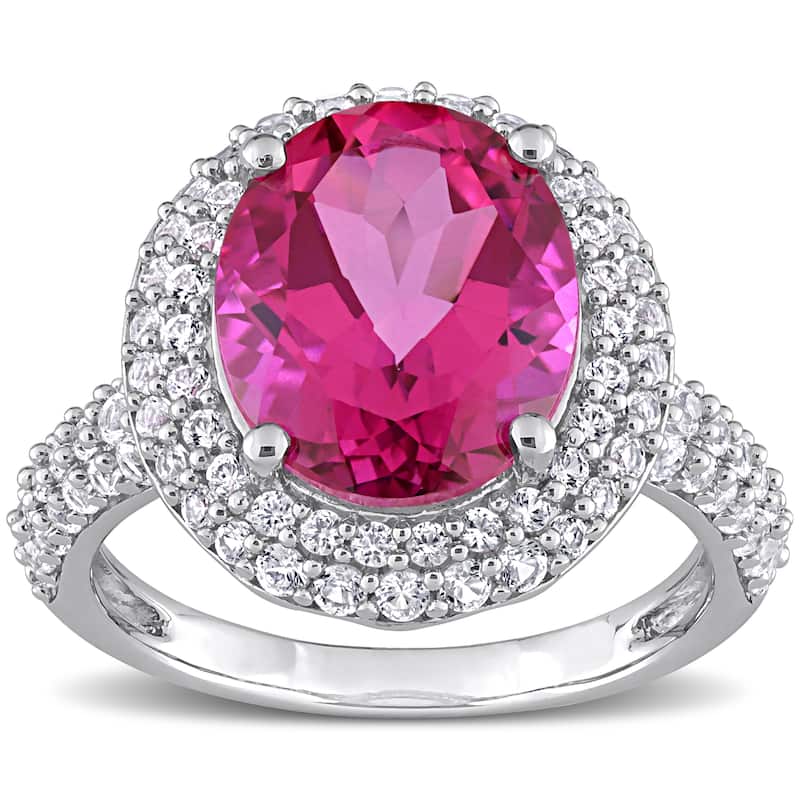 Miadora Oval-cut Pink Topaz and Created White Sapphire Double Halo Cocktail Ring in Sterling Silver