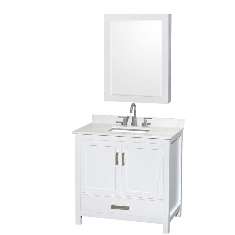 Sheffield 36-inch Single Vanity, 3 Hole Quartz Top, Med Cabinet - White, Chrome Trim, Giotto Quartz Top