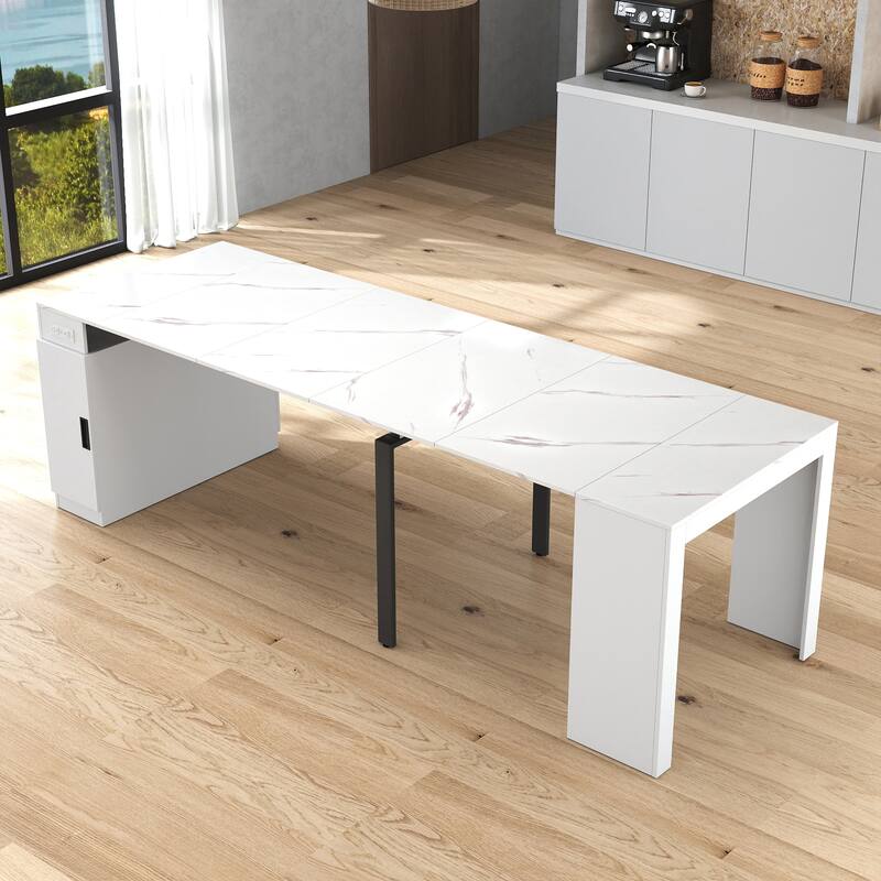 Modern Extendable Dining Table with Outlet & Storage, Space-Saving Expanding Table for Party & Meetings
