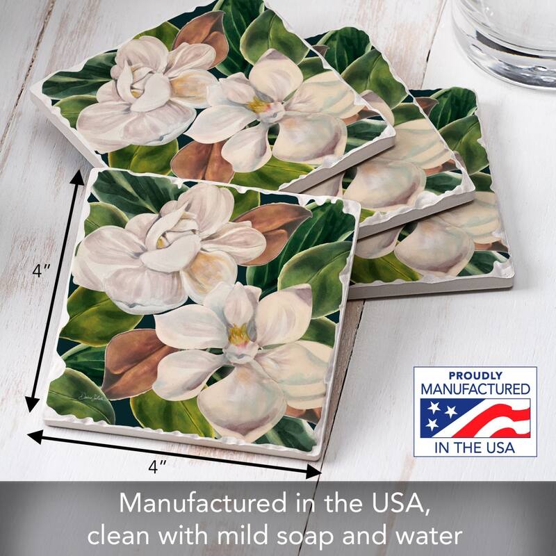 4-Pack Absorbent Stone Coasters with Protective Cork Backing 4" Square Made in The USA Easily Wipes Clean