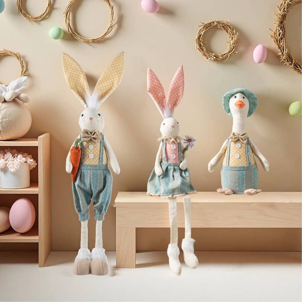 Glitzhome Easter Fabric Girl Boy Bunny Duck Shelf Sitters or Standing Figurines Decor