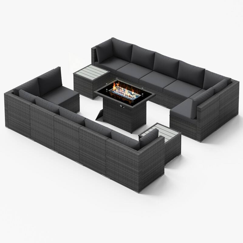 FINCATI Outdoor Grey Wicker Sectional Furniture Patio Sofa Set with Firepit Table