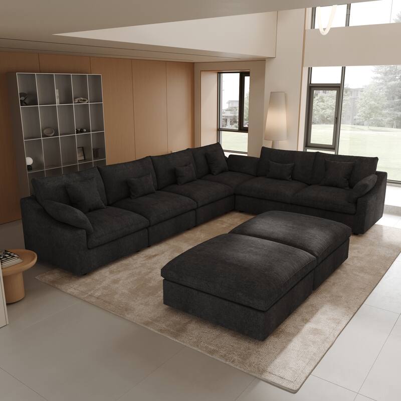 Large Linen Corner Sectional Sofa Couch for Living Room Set - Black +2 ottoman