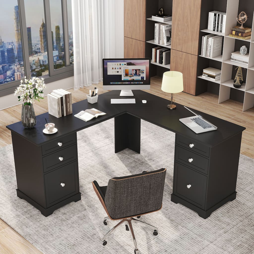 Farmhouse L Shaped Executive Desk Home Office Desk with File Drawer
