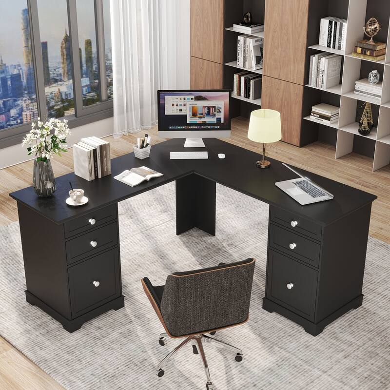 Farmhouse L Shaped Executive Desk Home Office Desk with File Drawer