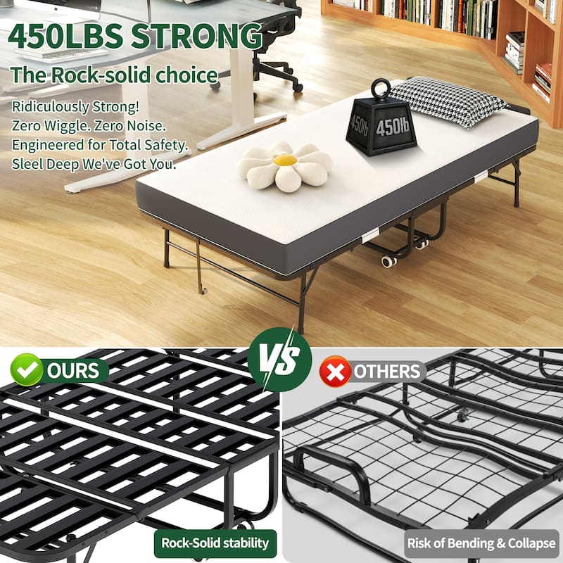 75" Folding Bed with Adjustable Headboard, 5" Memory Foam Rollaway Bed for Tall People, Heavy-Duty Portable Guest Bed