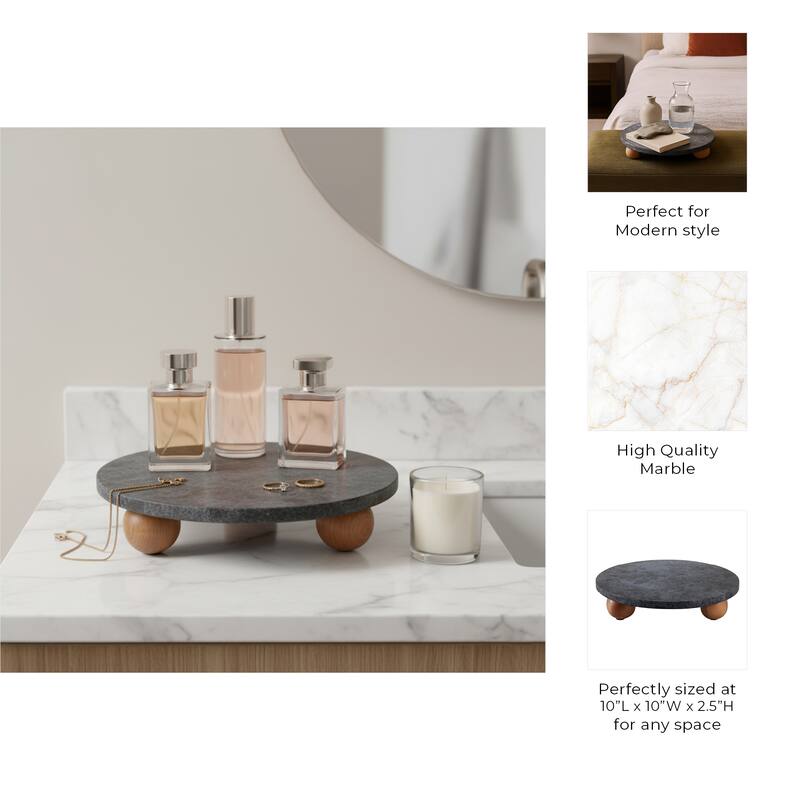 Marble Wood Round Decorative Tray with Modern Leg Detail - 3" Black - 10.0"