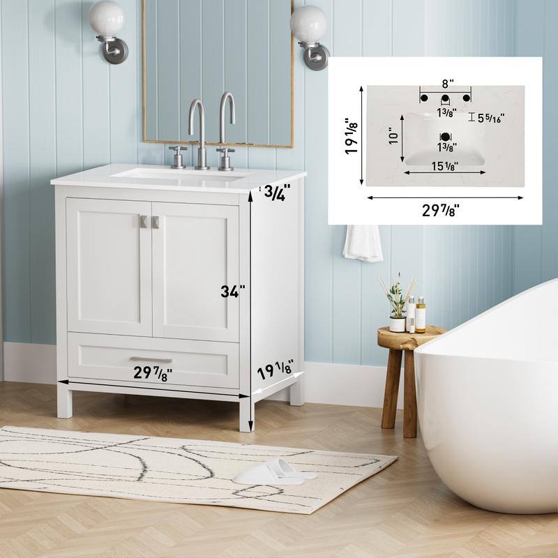 ABRUZZO 30" Freestanding Bathroom Vanity with Carrara Marble Top Solid Wood Frame Soft-Close Doors Undermount Ceramic Sink
