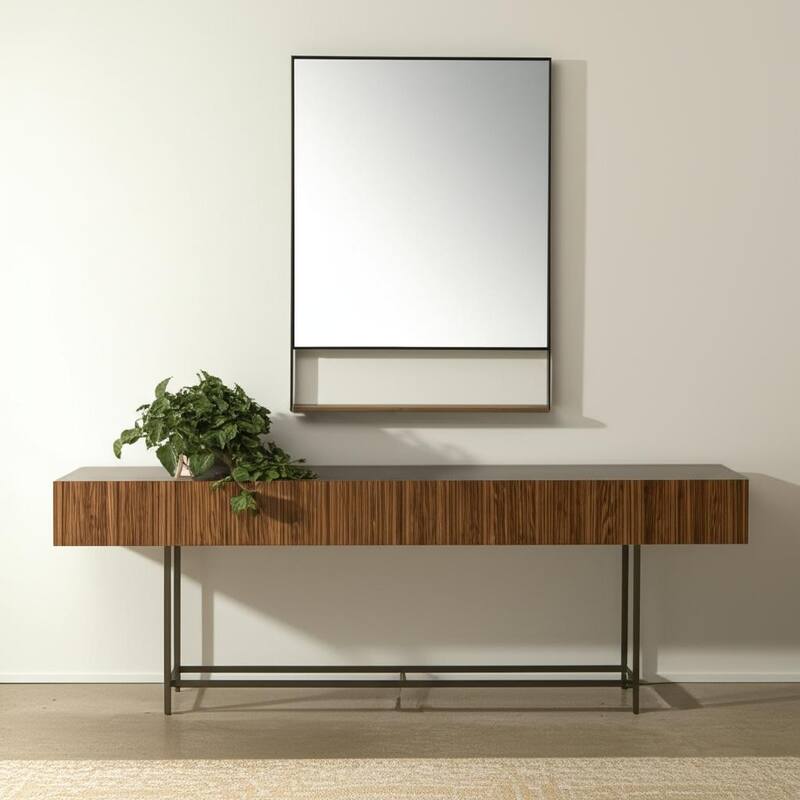 HomeRoots 40" Black Metal Framed Accent Mirror With Shelf - 24.02 in. x 39.96 in. x 3.94 in. - 24.02 in. x 39.96 in.  x 3.94 in.