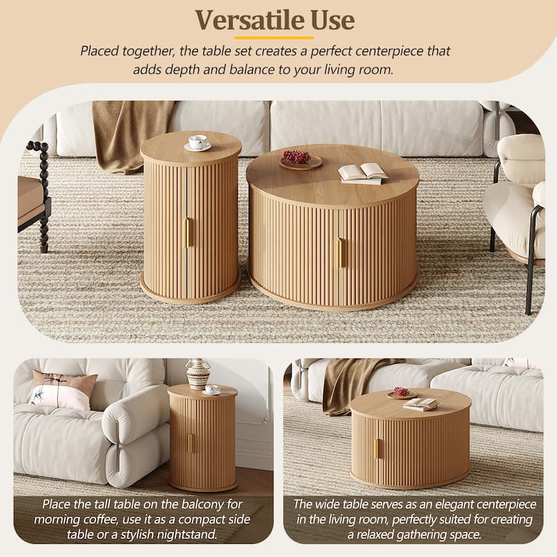 Mid-Century Coffee Table Set of 2 with Sliding Tambour Door, Fluted Design and Golden Handles