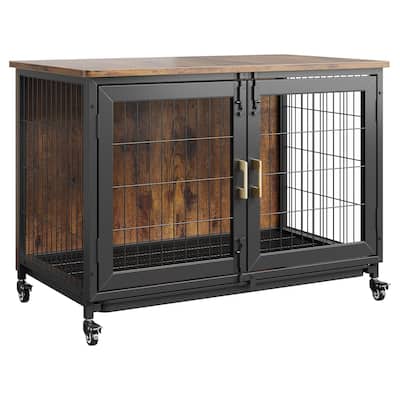 Wooden Dog Crate Furniture with Wheels, Pull-Out Tray, Dual Doors