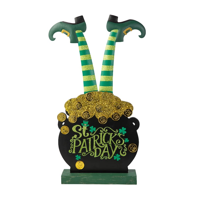 Glitzhome 24"H Wooden St. Patrick's Leprechaun Pot of Gold Porch Decor