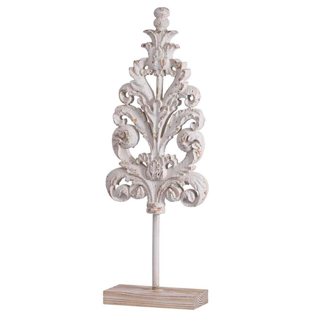 Awan Tabletop Decor, Leaf Scrollwork on Stand, White, Brown Wood, 26 Inch