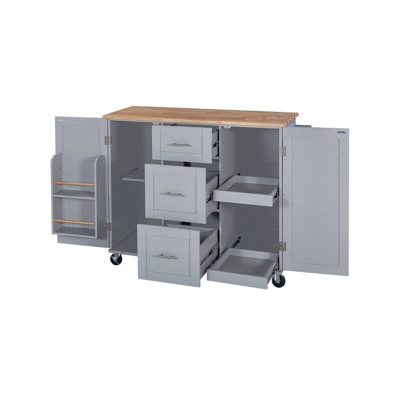 Rubberwood Kitchen Cart with Internal Storage Rack, Spice Rack, 2 Slide-Out Shelf, and 3 Drawer