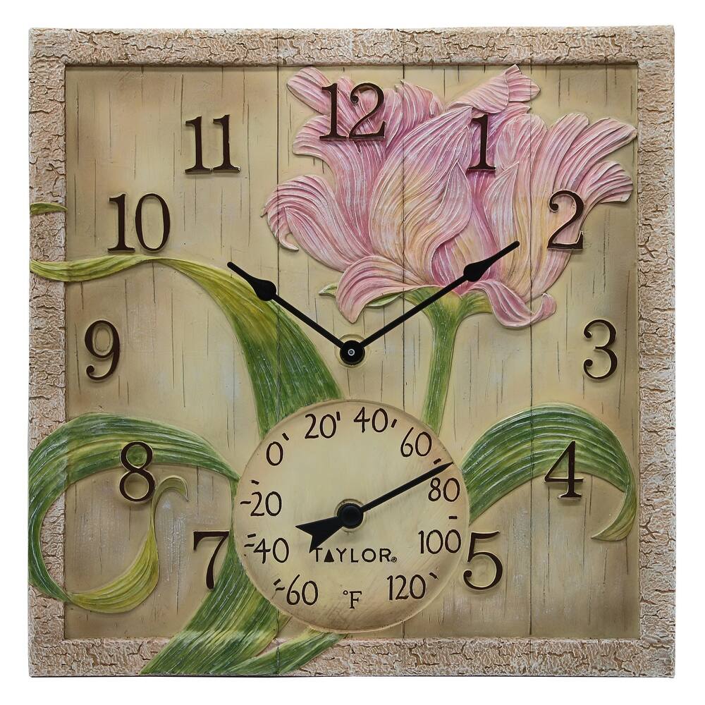 Taylor Poly Resin Beachwood Flower Clock with Thermometer, 14x14 Inch