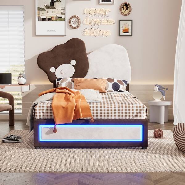 slide 2 of 6, Full Size Upholstered Platform Bed with Bear Shaped Headboard, LED Light Strips Brown
