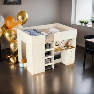 Full Size Wood Loft Bed with Built-in Wardrobe, Desk and Drawers, Beige