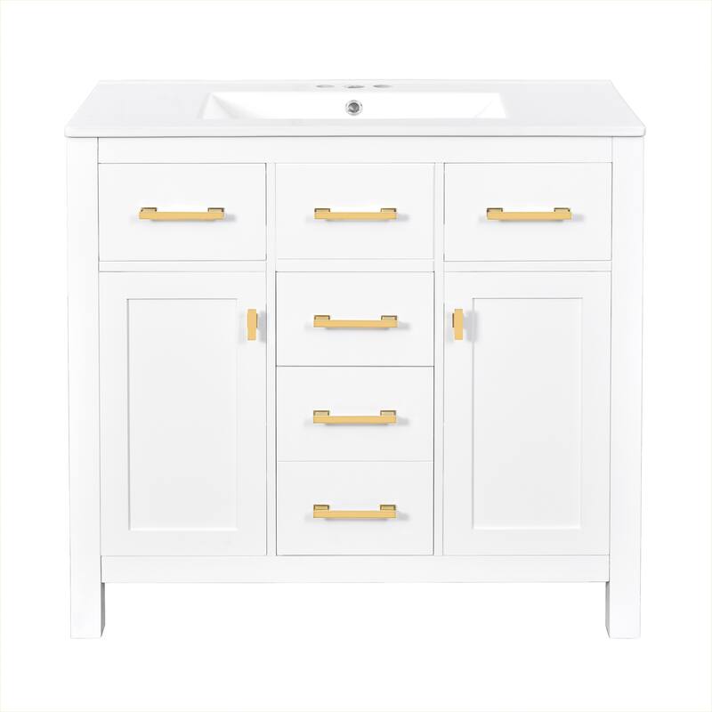 36'' Storage Cabinet for Bathroom Vanity with Ceramic Sink, 4 Drawers, 2 Cabinets and Gold Metal Handles, Freestanding Cabinet